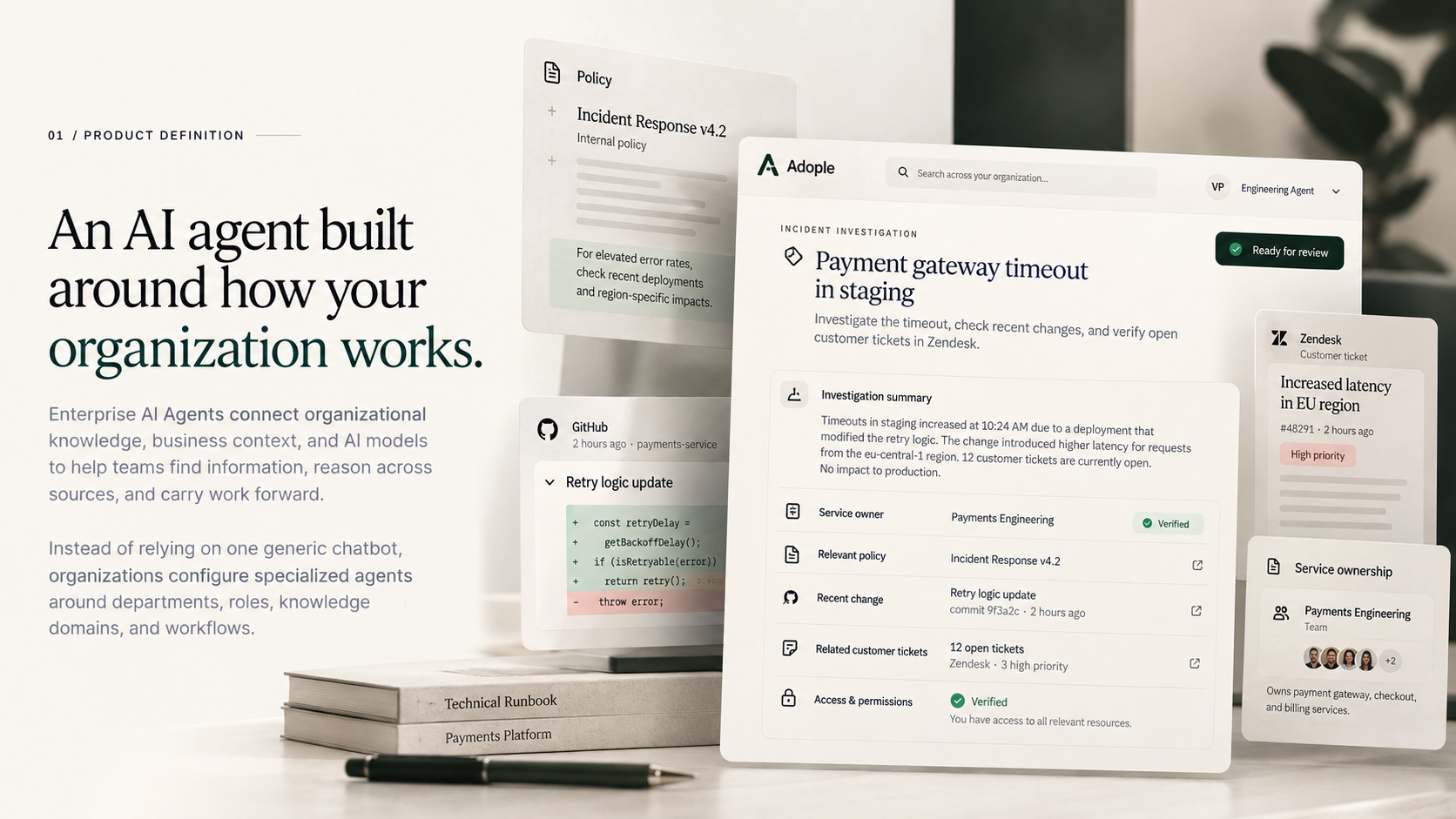 AI-powered incident investigation workspace connecting policy, code, tickets, and service ownership