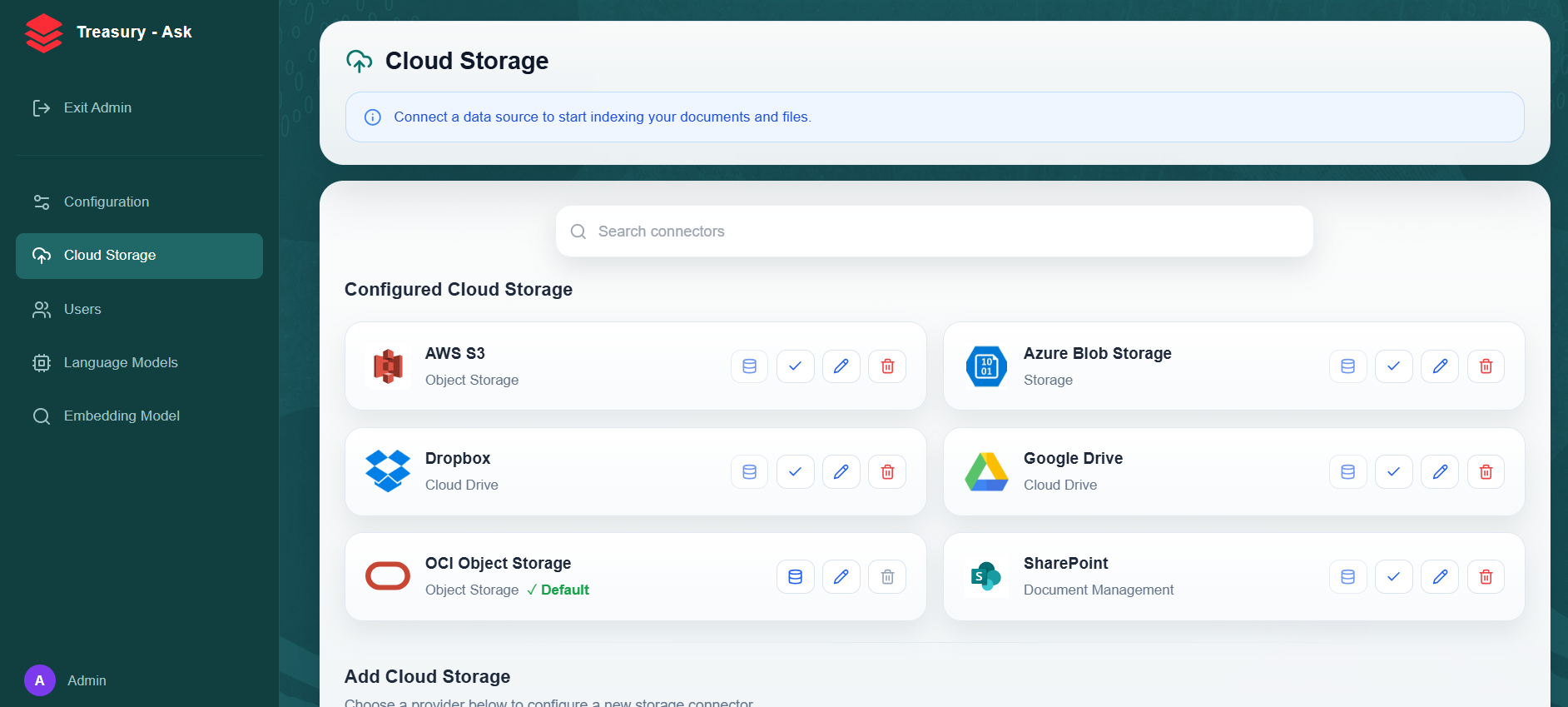 Treasury Automation and Cloud Storage Connectors configuration interface showing AWS S3, Azure Blob, OCI, and SharePoint integrations